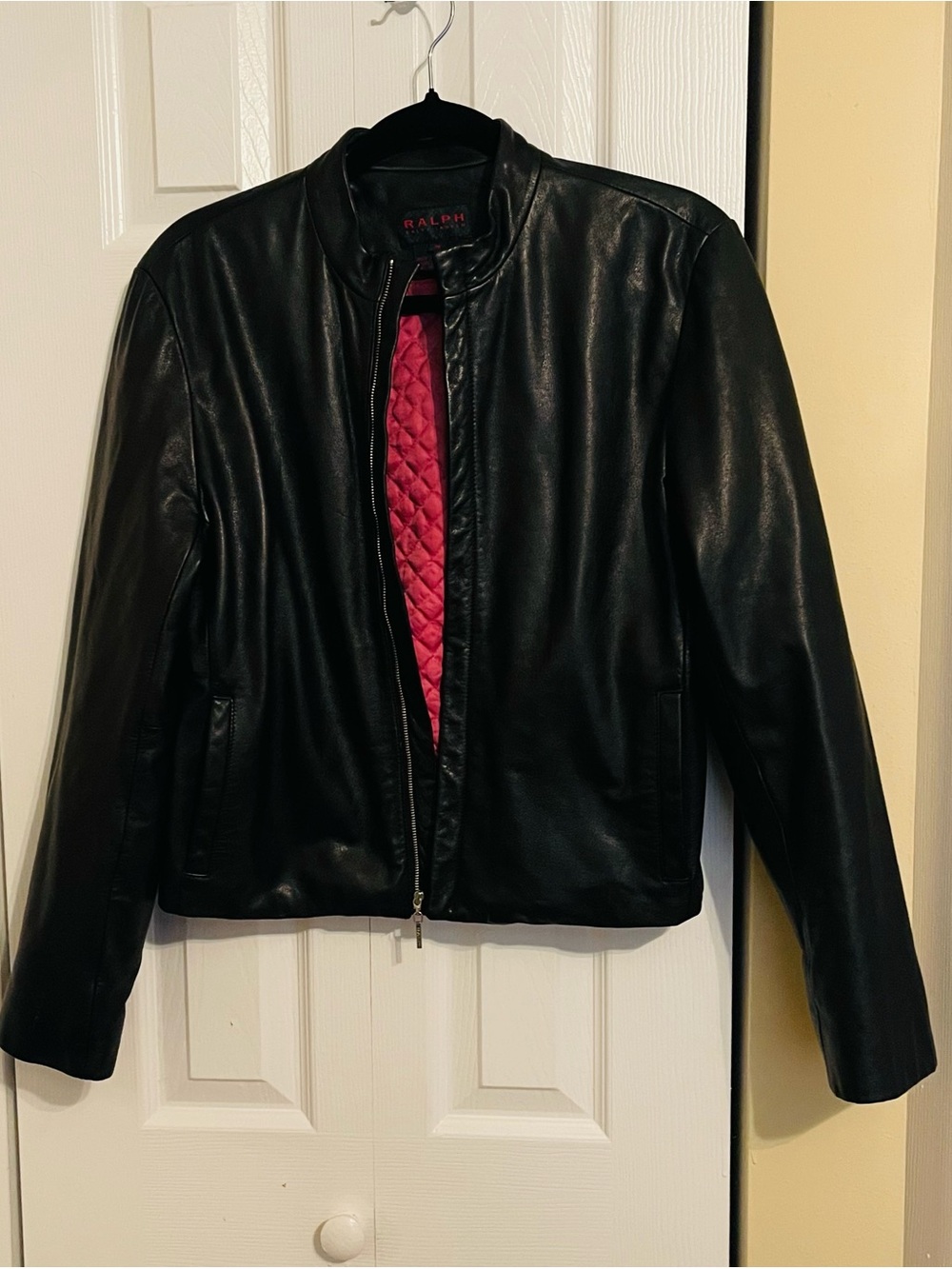 Ralph Lauren Black Leather Jacket with Pink Quilted Lining
